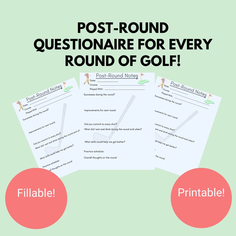 Golf Printable, Postround Questionnaire, FILLABLE, Golf Stats, Blank