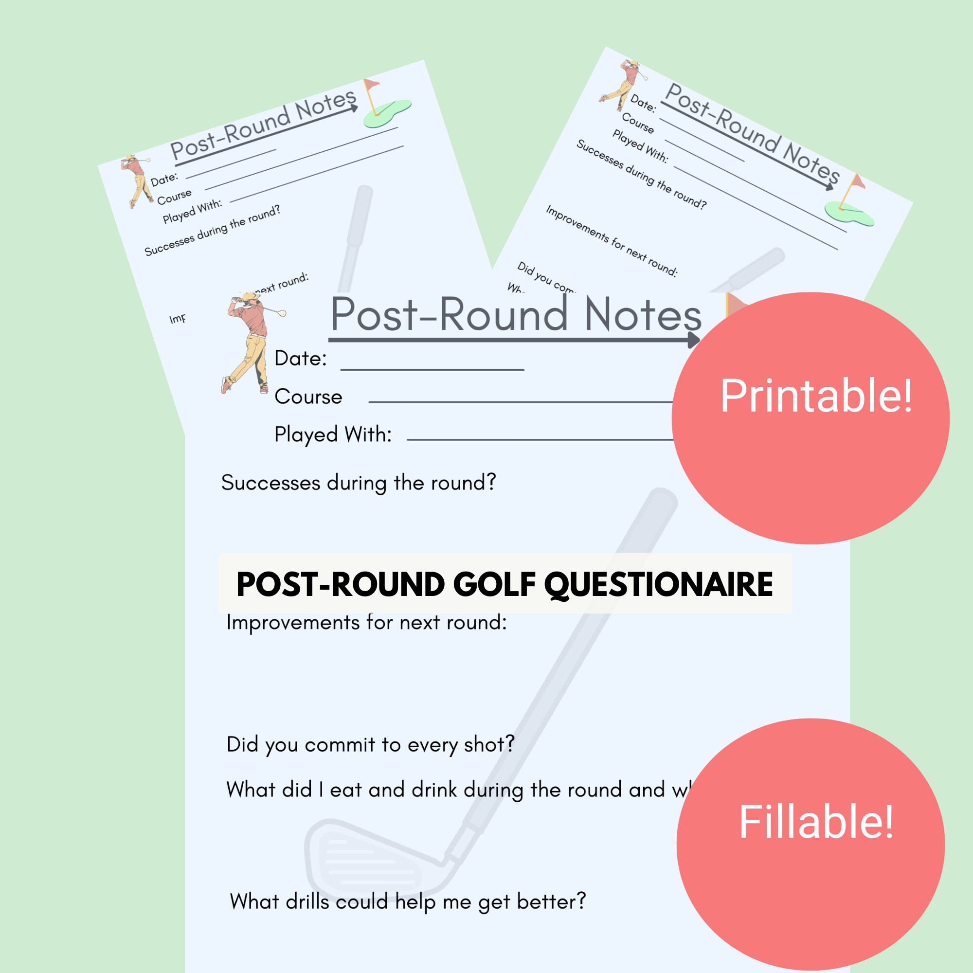 Golf Printable, Postround Questionnaire, FILLABLE, Golf Stats, Blank