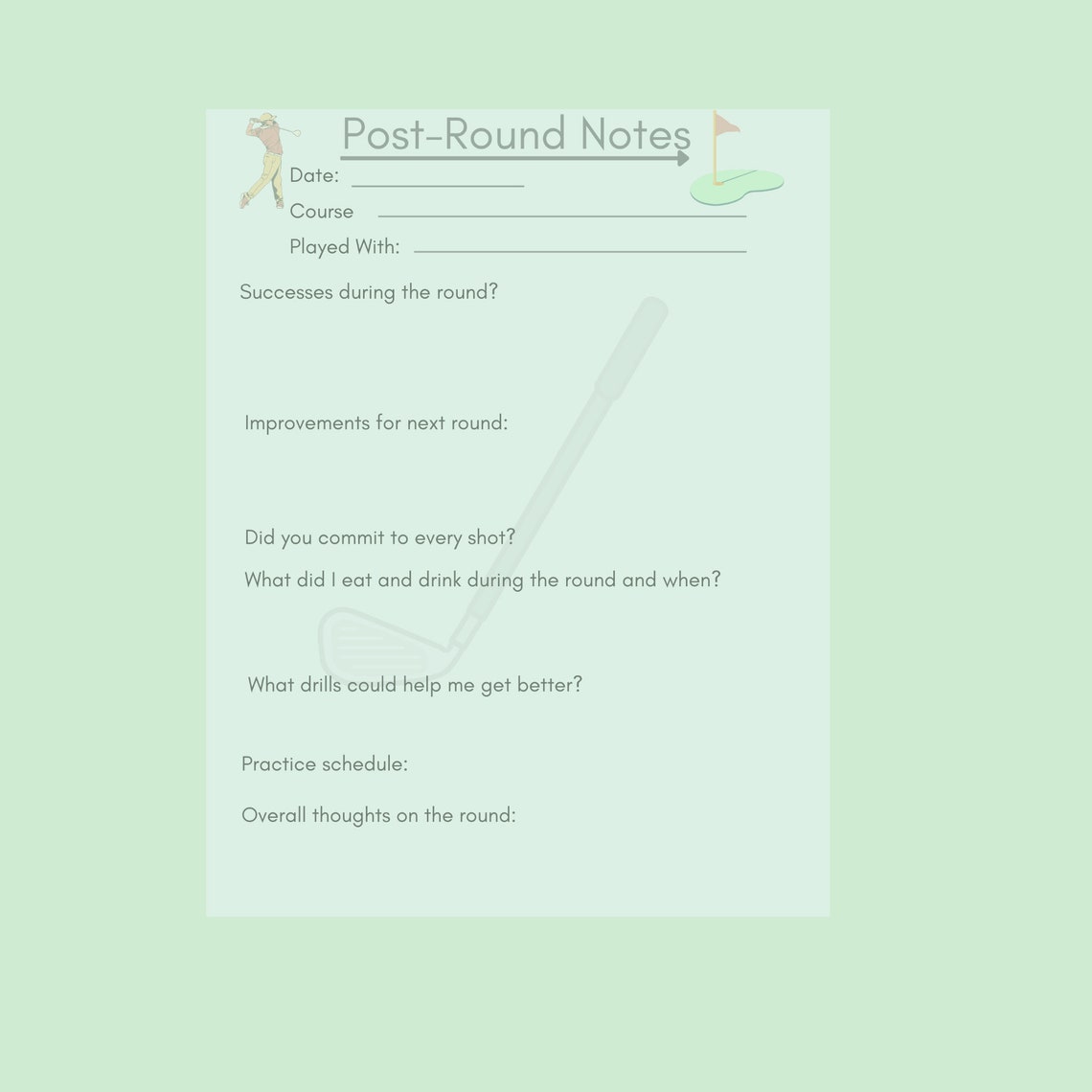 Golf Printable Postround Questionnaire FILLABLE Golf Etsy
