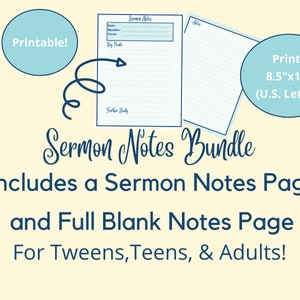 Pode incluir: Conjunto de notas de sermão imprimível com um design azul e branco. Inclui uma página de notas de sermão e uma página de notas em branco completa. Imprime em papel tamanho A4.