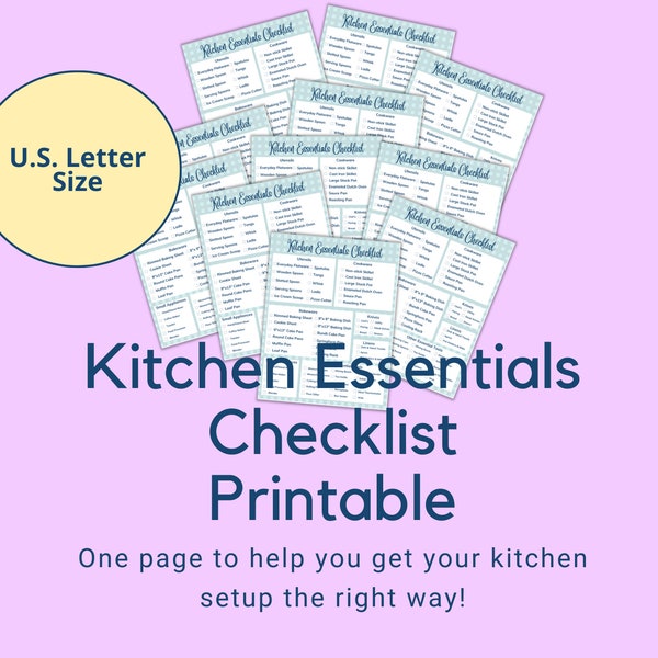 Kitchen Essentials Checklist Printable | Instant Download | Kitchen Must-Haves | Kitchen Planner | Printables | U.S. Letter Size