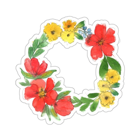 Floral Watercolor Wreath Flowers Kiss-Cut Stickers, Unique Colorful Wreath Sticker, Pop of Color Decals, Artsy Decorative Stickers,