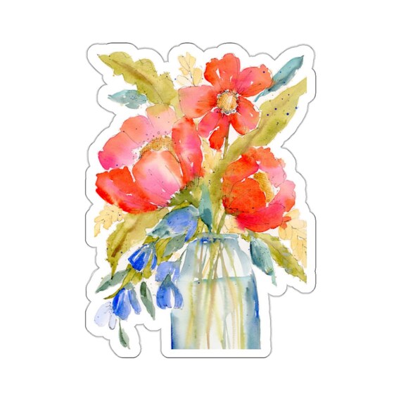 Watercolor Flowers Kiss-Cut Stickers, Red Blooms, Flowers in vase Stickers,