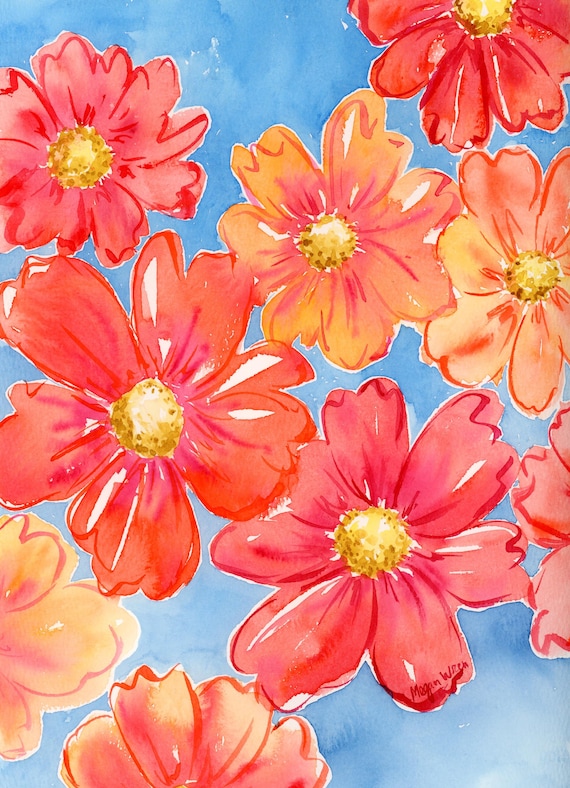 Orange Flower Watercolor Painting 'Joy Blooms' 9x12 loose watercolor flowers, wall decor