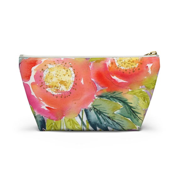 Colorful Floral Watercolor Accessory Pouch w T-Bottom, Flower Pouch, Makeup Bag, Travel Organizer, Gift for Her, Cute Small Floral Bag