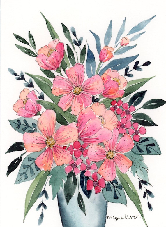 Small Watercolor Floral Painting 'Grace' 5X7 Pink Watercolor Flowers, Original Artwork, Watercolor Gift