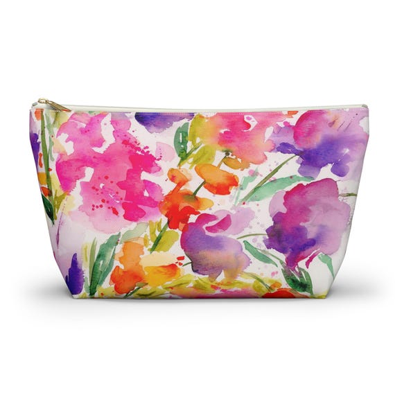 Small Bright Colorful abstract Flower Zipper Bag, Watercolor Accessory Pouch w T-bottom, Organization, Makeup Case, School Supplies