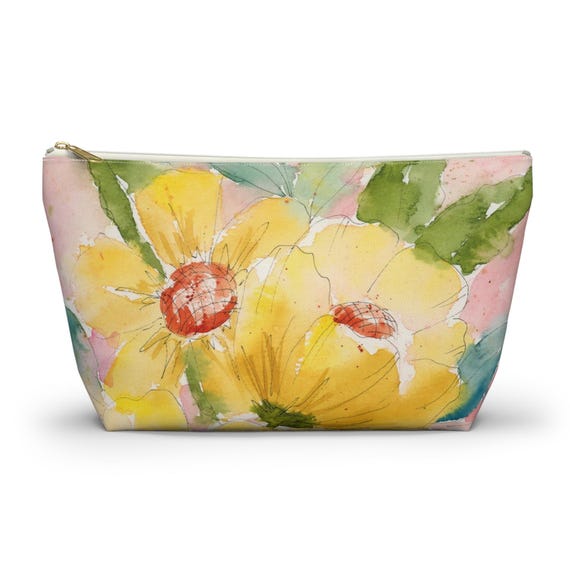 Yellow Floral Watercolor Accessory Pouch w T-Bottom, Flower Pouch, Makeup Bag, Travel Organizer, Gift for Her, Cute Colorful Floral Bag