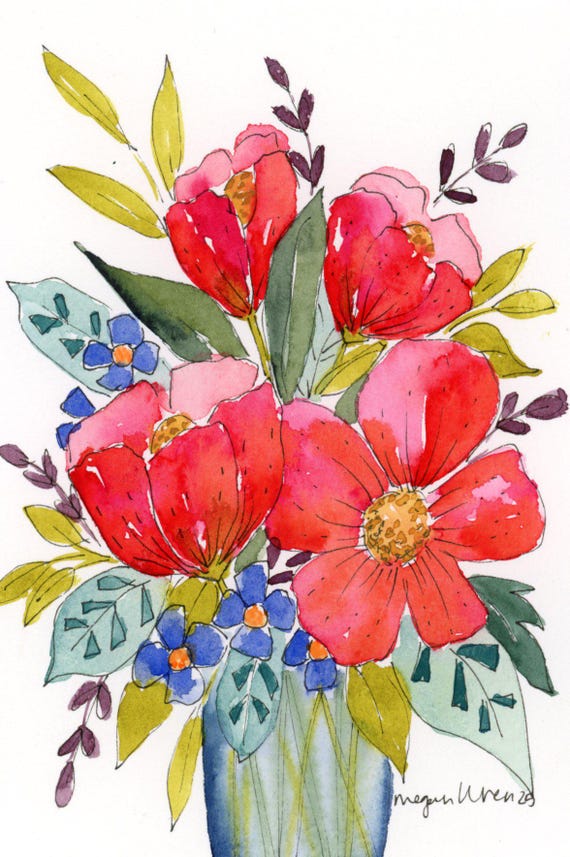 Floral Watercolor Painting 'Lovely Day' 4x6  original artwork, Colorful Watercolor Flowers, floral painting gift