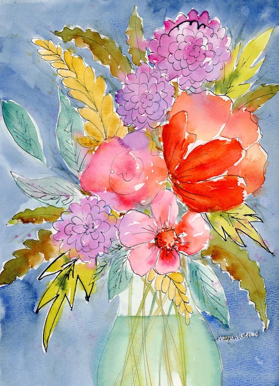 Colorful Floral Watercolor Painting “Sharing Happiness” 9x12 This is not a print, Loose watercolor painting wall decor, home decor