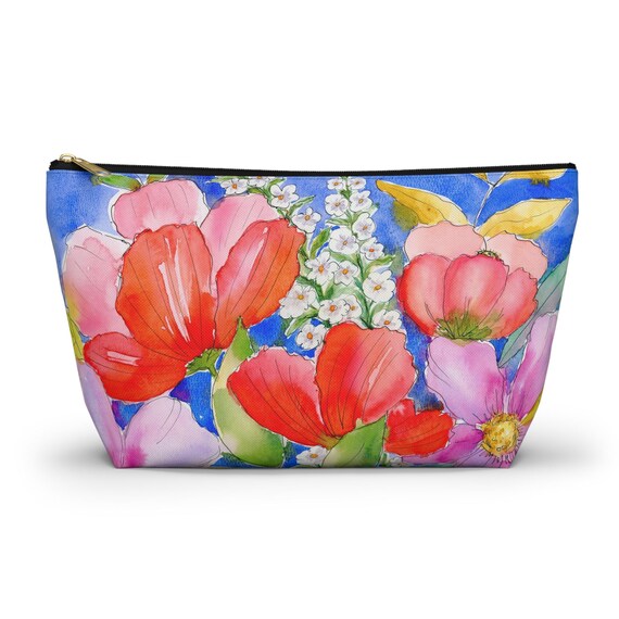 Bright Floral Accessory Pouch w T-Bottom, Flower Pouch, Makeup Bag, Travel Organizer, Gift for Her, Back to School, Diaper Bag Essentials,