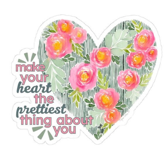 Pink & Green Watercolor Floral Heart Kiss-Cut Stickers, Colorful Fun Positive Sticker, Watercolor Art Gift, Laptop Sticker