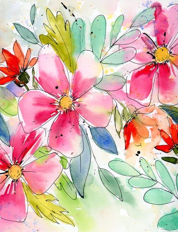 Loose floral watercolor painting “Wild Colorful Flowers” 9x12 original hand painted flower art, watercolor painting home decor