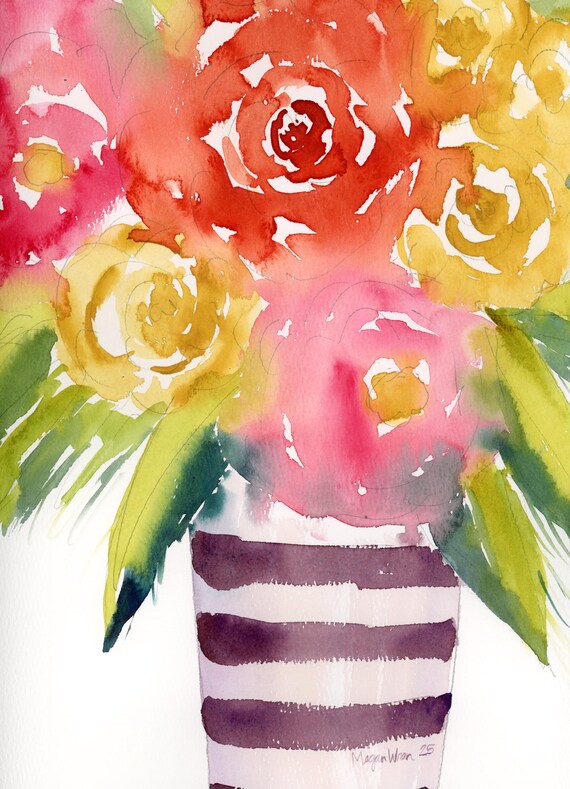 Watercolor artwork, 'Big Happy Blooms' 9x12 Bright colorful original artwork, bright floral wall decor, Bold painting, Mother's Day Gift