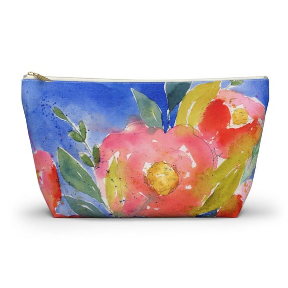 Small Colorful Flower Zipper Bag, Watercolor Accessory Pouch w T-bottom, Small Zipper Bag for Organization, Makeup Case, School Supplies