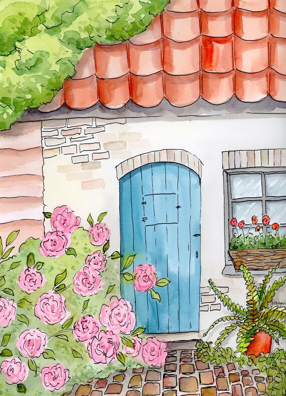 Garden Door Watercolor painting, 'Blue Door', 9x12 Original watercolor painting, hand painted garden decor, flowers, floral