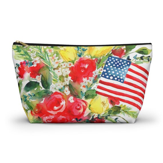 Patriotic Accessory Pouch w T-Bottom, Flower Pouch, Makeup Bag, Travel Organizer, Gift for Her, Back to School, American Flag Floral Bag
