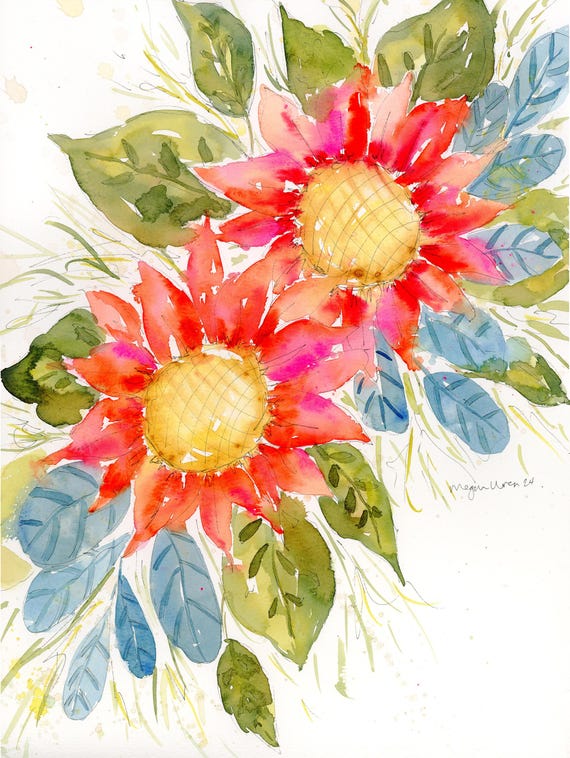 Red Sunflower Watercolor Painting “Spreading Joy” 11x15 Bright and colorful watercolor painting