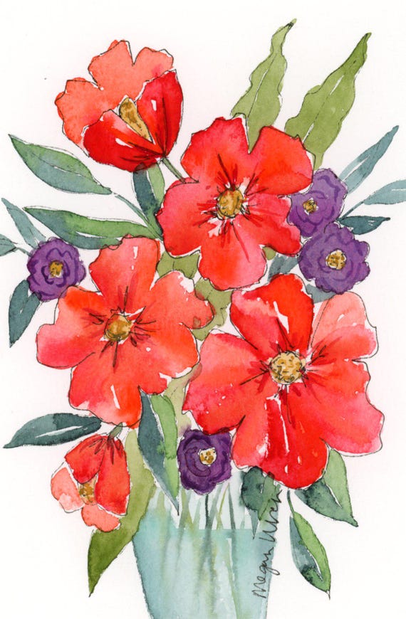 Floral Watercolor Painting 'Red' 4x6 original artwork, Red Watercolor Flowers, floral painting gift