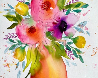 Watercolor Painting “Friendly Flowers” 9x12 This is not a print. Loose watercolor painting wall decor, home decor, gift