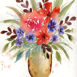 Watercolor Painting “Flowers in Vase” 9x12 This is not a print. Loose watercolor painting wall decor, home decor, gift