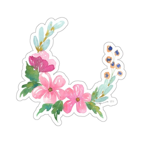 Watercolor Floral Wreath Kiss-Cut Stickers, Unique Colorful Sticker Set, Watercolor Flower Decals, Artsy Decorative Stickers,