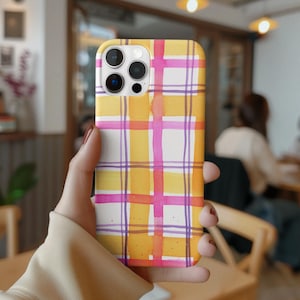 Custodia per iPhone a quadri colorati, custodia resistente a quadri vivaci in acquerello, cover per telefono colorata arancione, rosa e viola, guscio protettivo per telefono