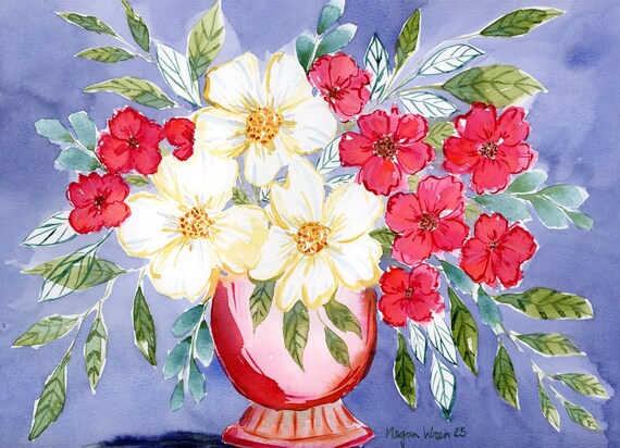 Watercolor Flower Painting 'True Love' 9x12 watercolor original artwork, Colorful floral wall decor, Flower painting, Home decor