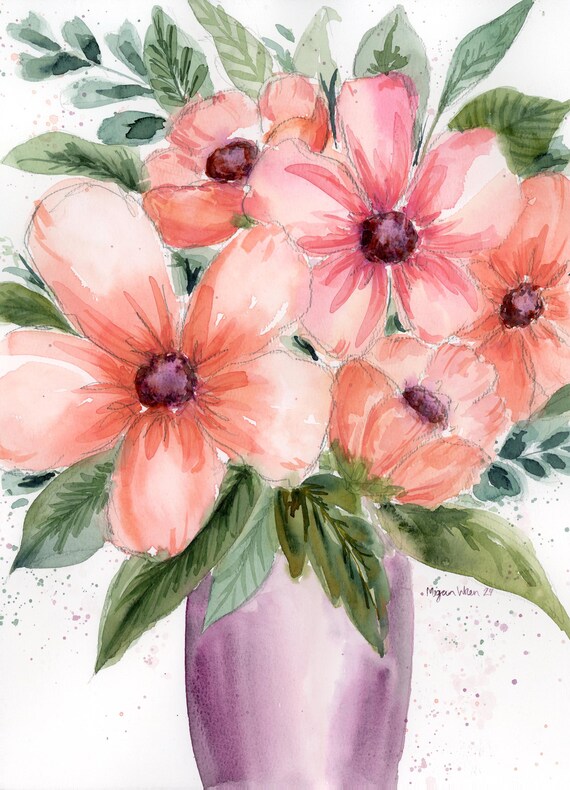 Flower Watercolor painting “Blushing Bouquet” 11x15 peachy pink floral watercolor wall art