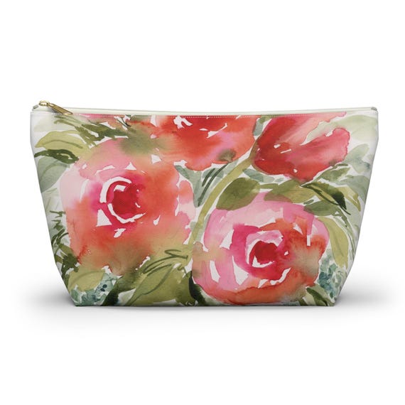 Pink Floral Watercolor Accessory Pouch w T-Bottom, Flower Pouch, Makeup Bag, Travel Organizer, Gift for Her, Cute Colorful Floral Bag