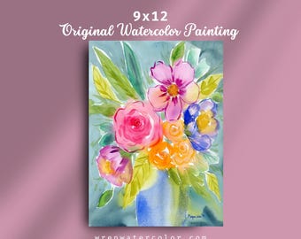 Original Floral Watercolor Painting 9x12, Colorful Home Decor