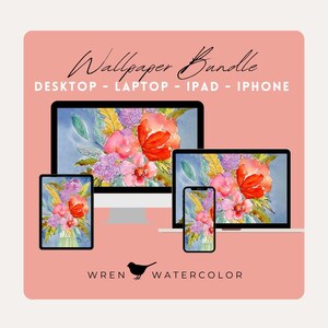 May include: A digital wallpaper bundle featuring a watercolor floral design displayed on a desktop computer, laptop, iPad, and iPhone. The floral arrangement includes red, pink, and purple flowers. The text "Wallpaper Bundle" and device types are displayed on a pink background.