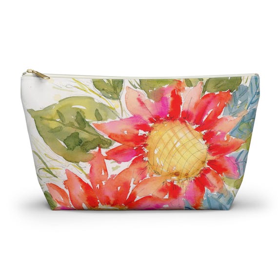 Watercolor Accessory Pouch w T-bottom, Small Zipper Bag for Organization, Floral Makeup Case, Back to School Gift, College Supplies Pouch,