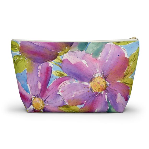 Small Purple Flower Zipper Bag, Watercolor Accessory Pouch w T-bottom, Small Zipper Bag for Organization, Makeup Case, School Supplies