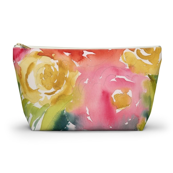 Small Colorful Blooms Zipper Bag, Watercolor Accessory Pouch w T-bottom, Small Zipper Bag for Organization, Makeup Case, School Supplies