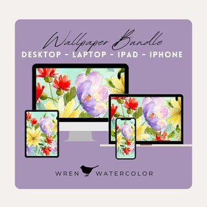 May include: A digital wallpaper bundle shown on a desktop, laptop, iPad, and iPhone. Each device displays a watercolour floral design with red, purple, and yellow flowers. The text "Wallpaper Bundle" is at the top.