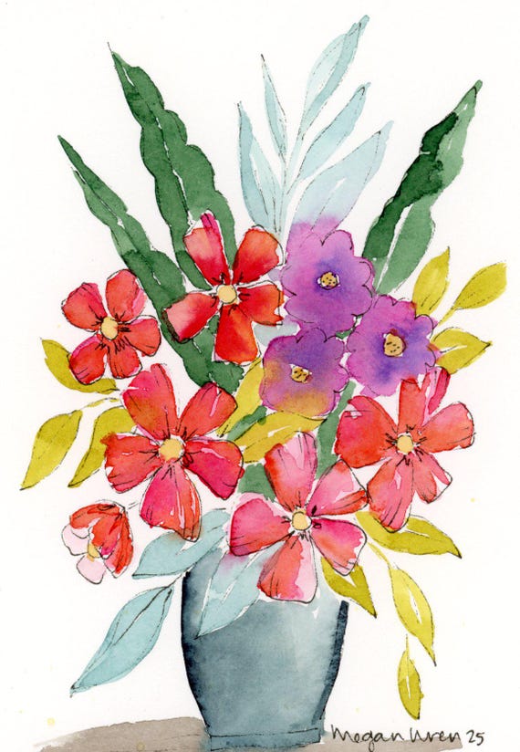 Small Watercolor Art 'Fancy Flowers' 4x6  Watercolor Painting, original artwork, Colorful Watercolor Flowers, floral painting gift