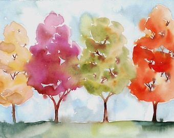 Original Fall Trees Watercolor Painting - "Four In The Forest" 14x11