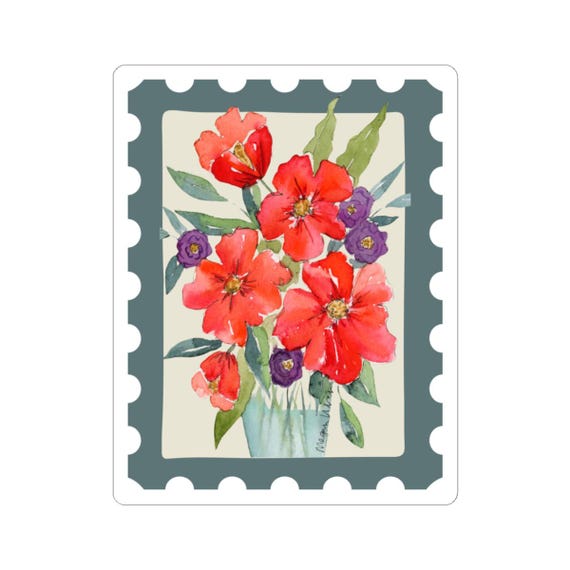 Sticker, Bright Red Flowers, Watercolor Floral Kiss-Cut Stickers, Gifts, Scrapbooking, Original art, Colorful Floral Stickers