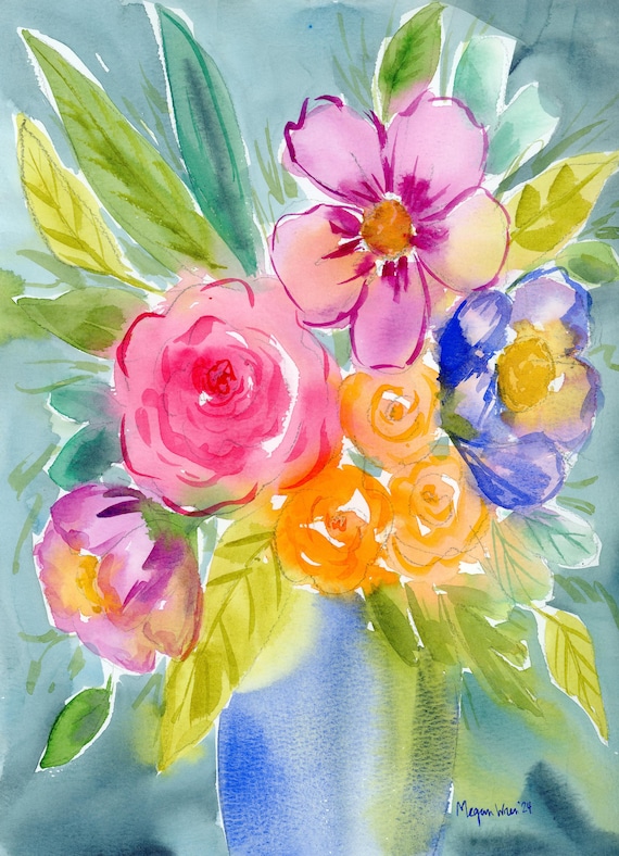 Colorful Floral Watercolor Painting “Life In Full Bloom” 9x12 This is not a print, Loose watercolor painting wall decor, home decor, gift