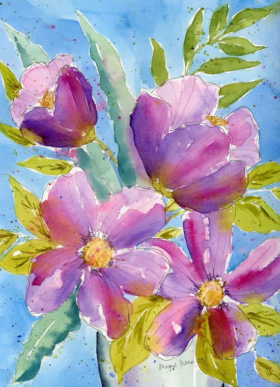 Watercolor artwork, 'Bold Blooms' 9x12 Bright colorful original artwork, purple floral wall decor, Flower wall painting, Mother's Day Gift