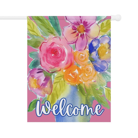 Flower Welcome Flag, Watercolor Floral Design, Yard Art, Gardner Gift, Mother's Day Gift, Outdoor Decor, Porch Art, Colorful Decorative Flag