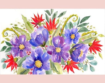 Original Floral Watercolor Painting: Colorful Flower Wall Art (11x14)