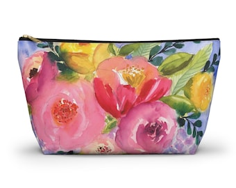 Watercolor Floral Accessory Pouch, T-Bottom Makeup Bag, Travel Organizer
