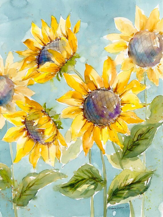 Sunflower Watercolor Painting “Sunflower Field” 11x15 Bright and colorful watercolor painting