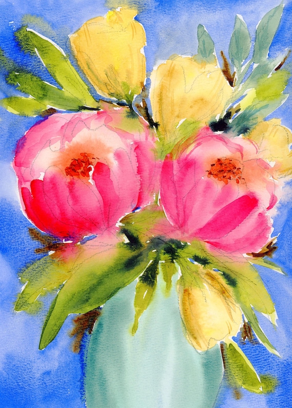 Colorful Watercolor Painting “Blooms Bring Joy” 9x12 loose watercolor flowers, wall decor
