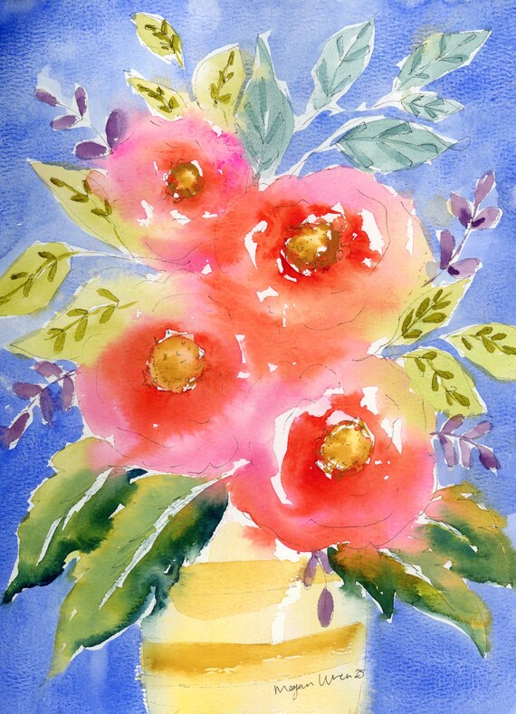 Watercolor artwork, 'Playful Poppies' 9x12 Bright colorful original artwork, purple floral wall decor, Flower painting, Mother's Day Gift