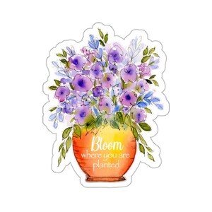 Pegatinas troqueladas de flores de acuarela, flores en maceta, pegatinas de flores moradas
