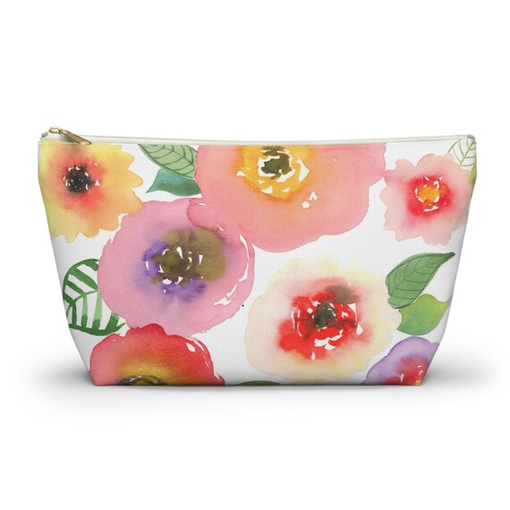 Floral Watercolor Accessory Pouch w T-Bottom, Flower Pouch, Makeup Bag, Travel Organizer, Gift for Her, Back to School, Floral Bag