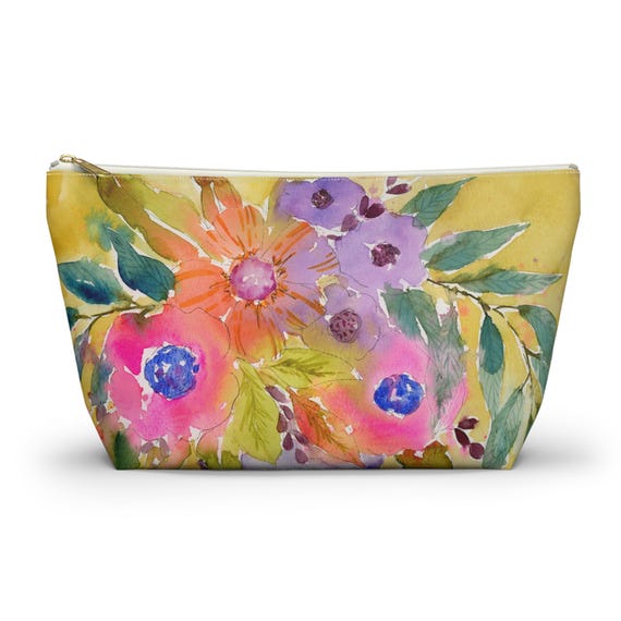 Colorful Floral Watercolor Accessory Pouch w T-Bottom, Flower Pouch, Makeup Bag, Travel Organizer, Gift for Her, Mother's Day, Floral Bag